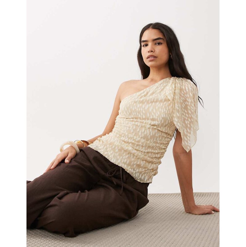 Mango textured one shoulder top in beige-Neutral