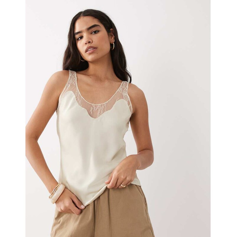 Mango satin lace detail sleeveless cami in light beige-Neutral