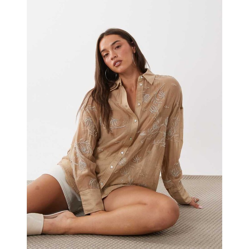 Mango sheer oversized shirt with embellishment in beige-Neutral 115610385