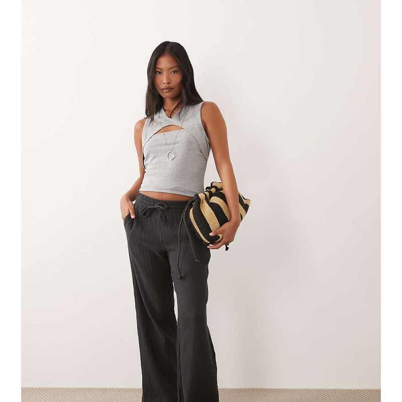 JDY Petite wide leg cheesecloth trousers in washed black