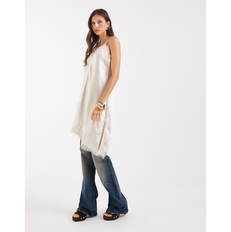 ONLY lace details asymmetric satin top in stone-Neutral