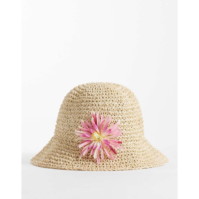 South Beach woven bucket hat with floral detail in off white 115624280