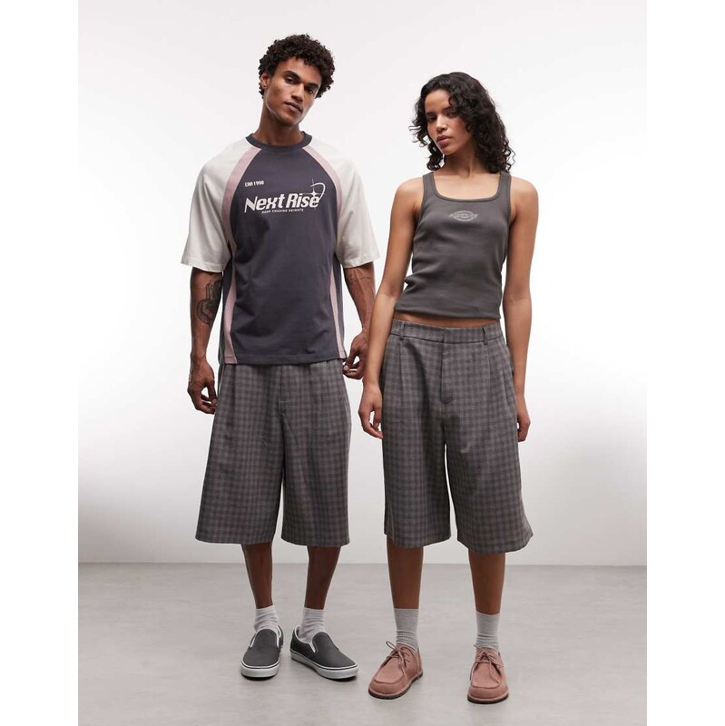 COLLUSION Unisex tailored jort in grey and pink check