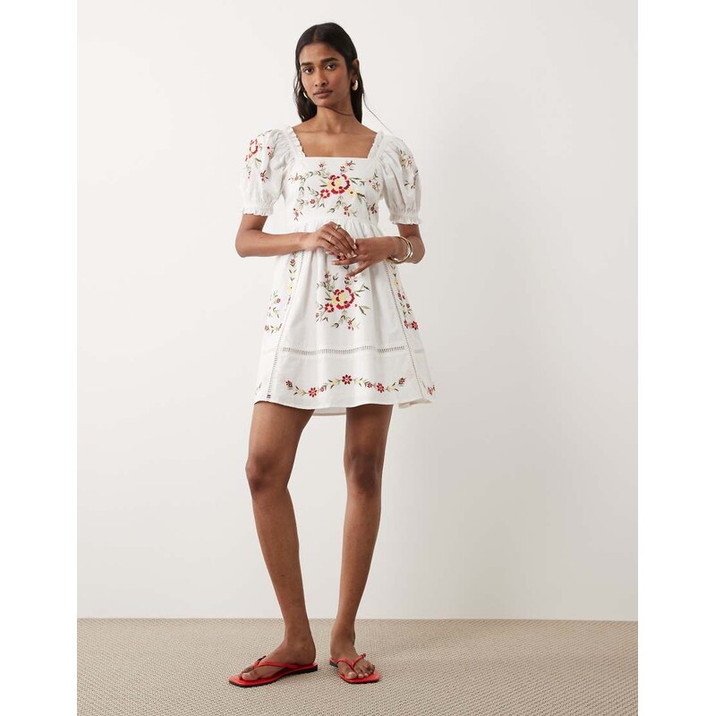 Miss Selfridge embroidered baby doll mini dress in white 115740670