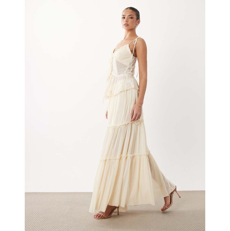 Rare London mesh tiered frill edge maxi skirt co-ord in cream-White 115723236