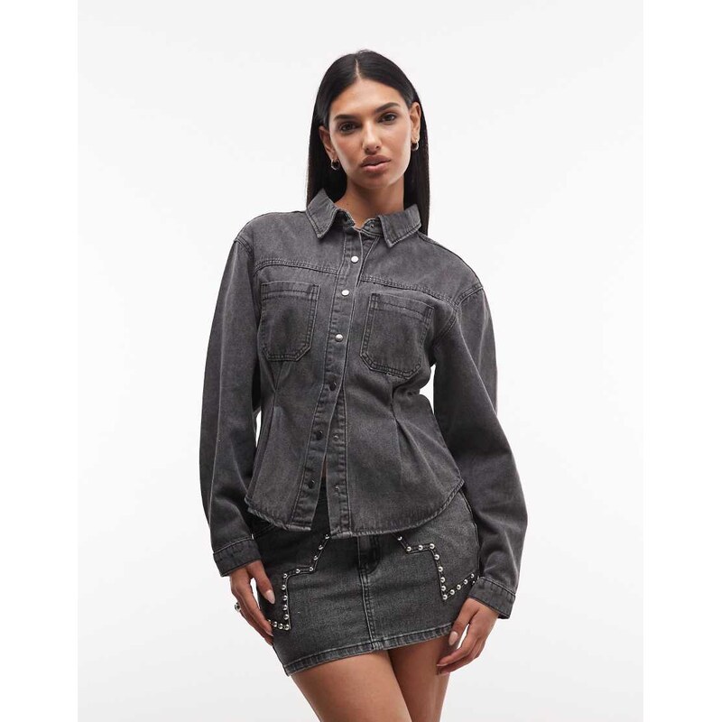 Liquor N Poker cinch waist denim peplum shirt in washed black 115740768