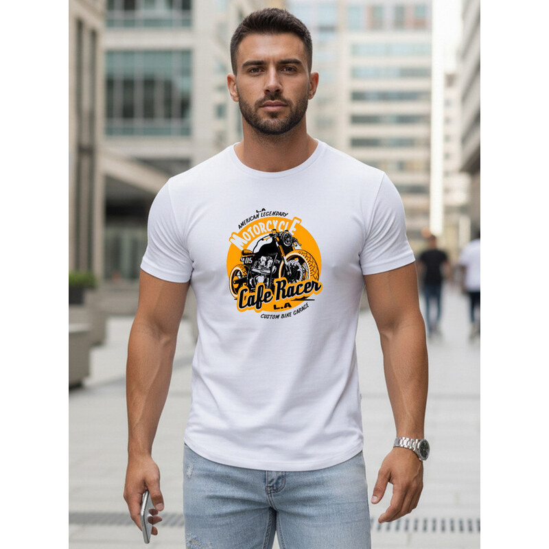 Pánské bavlněné tričko s potiskem motorky bílé FashionStreet