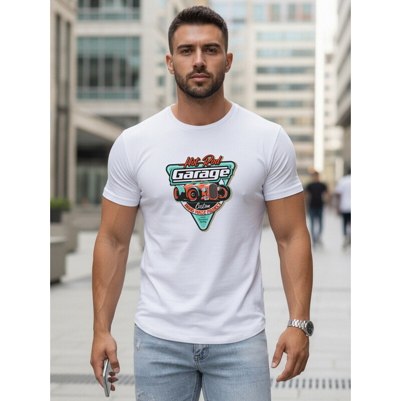 Pánské bavlněné tričko s potiskem HOT ROD GARAGE bílé