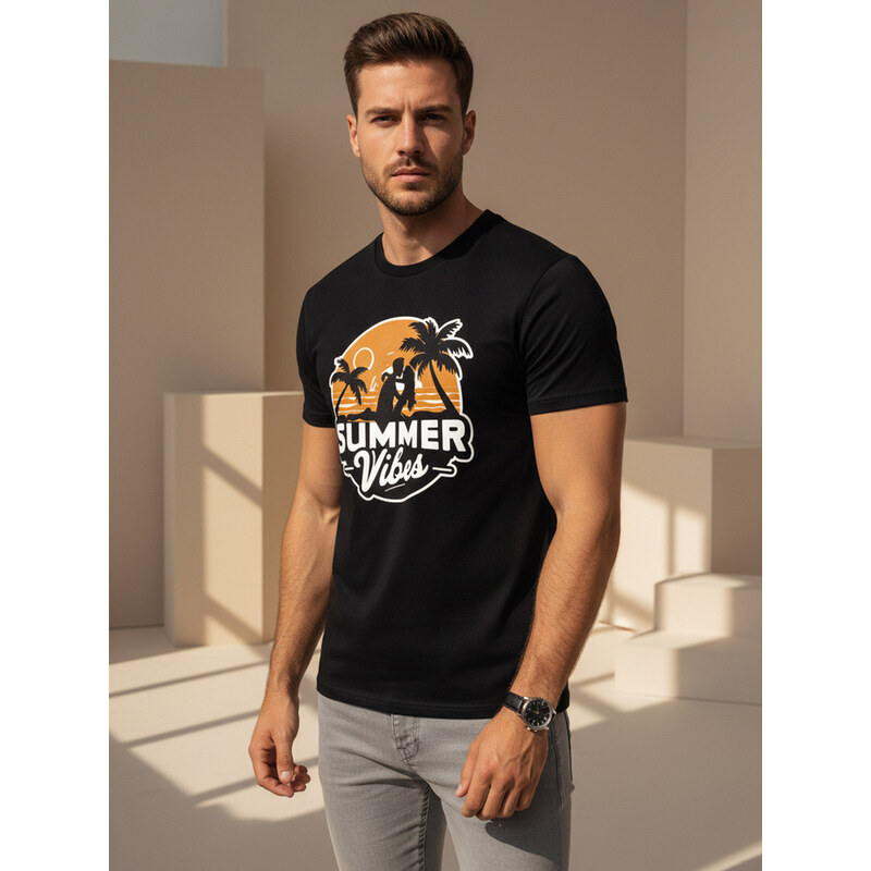 Pánské bavlněné tričko s potiskem Summer Vibes černé