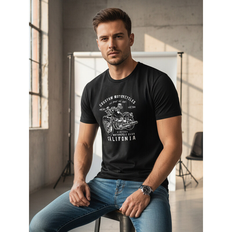Pánské bavlněné tričko s potiskem motorky černé FashionStreet