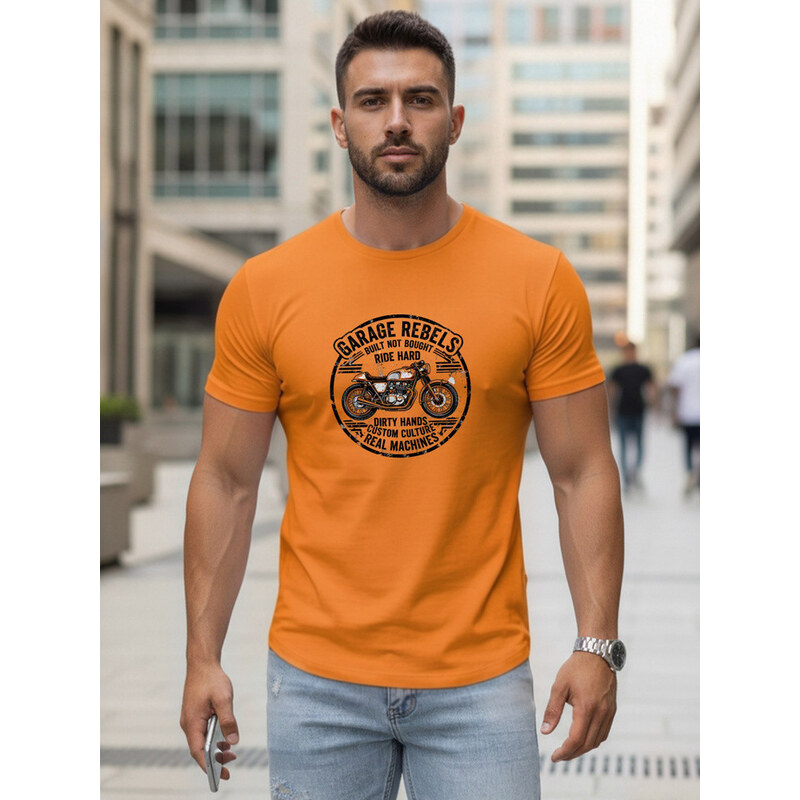 Pánské bavlněné tričko s potiskem motorky oranžové FashionStreet