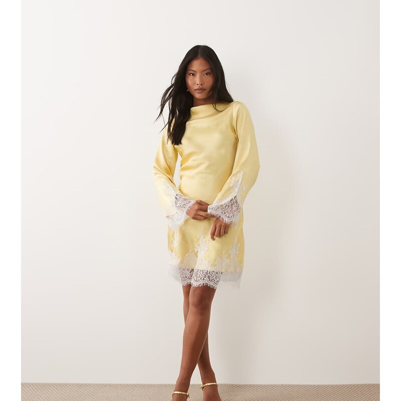 TFNC Petite satin slash neck long sleeve lace detail mini dress