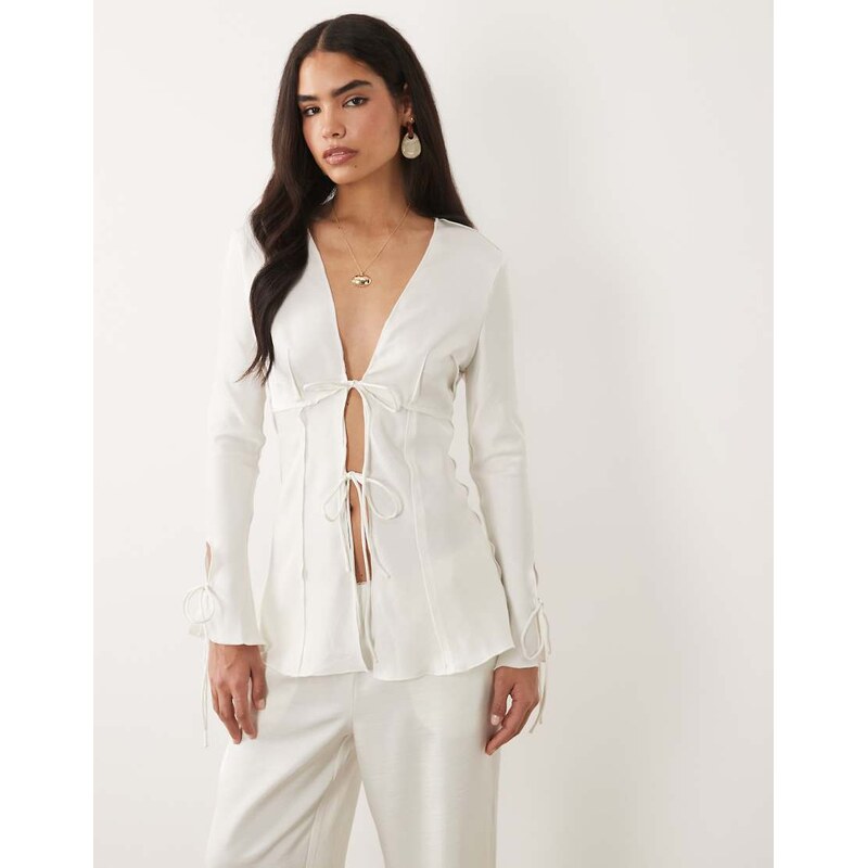 Lioness Veil satin tie front detail long sleeve top co-ord in