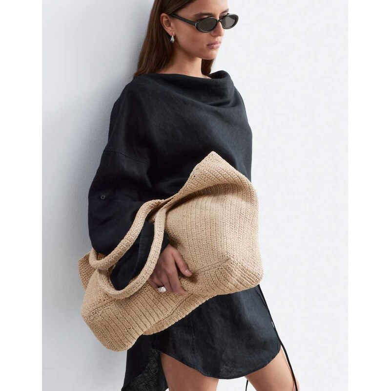 & Other Stories straw square tote bag with long handles in beige 115744261