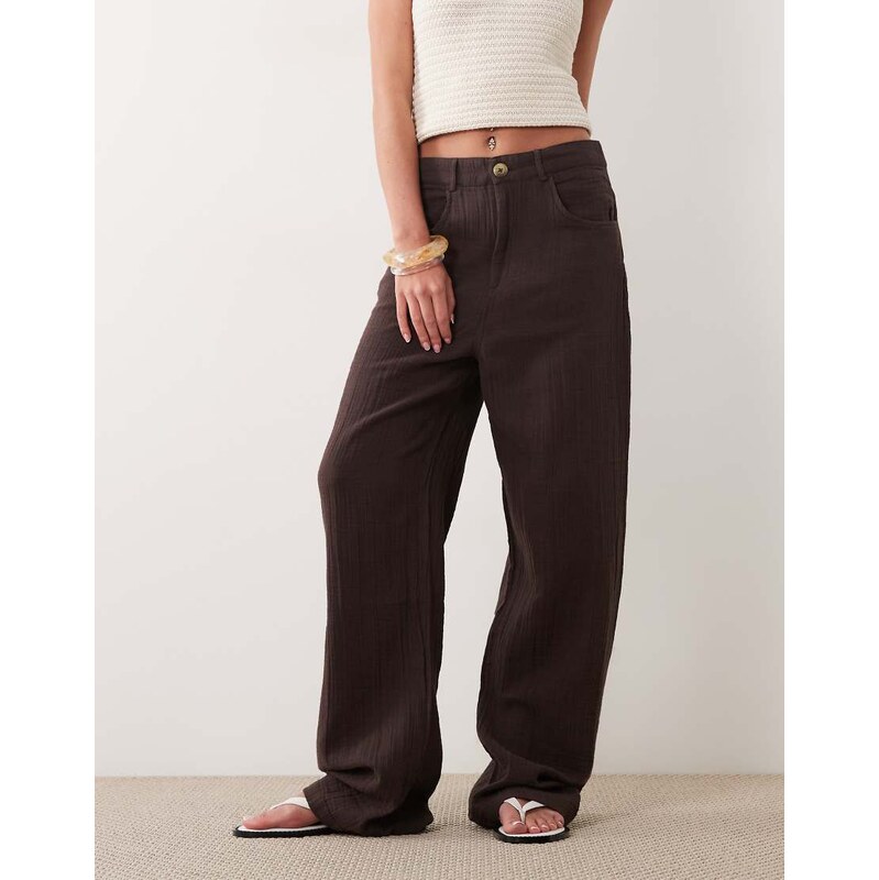 Mango 100% cotton cheesecloth relaxed trouser in brown 115614805