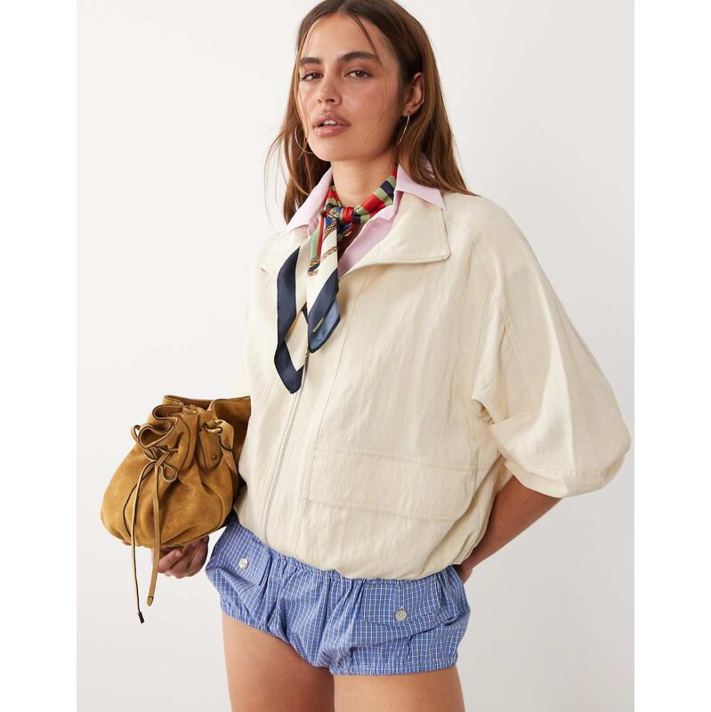 Mango starring Hailey Bieber funnel neck zip through bomber jacket in 115614801