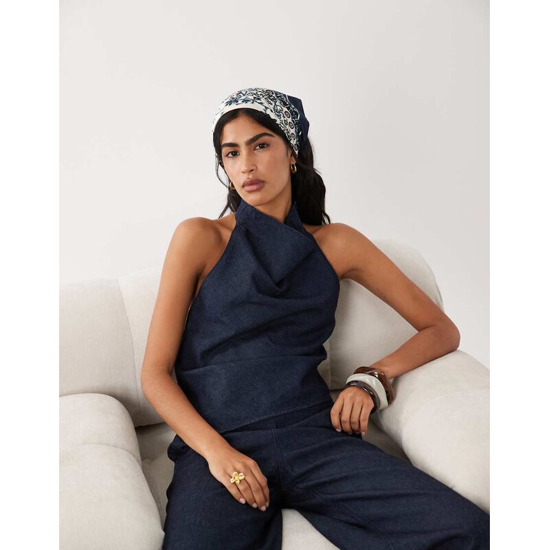 Mango Carla linen mix halterneckdenim top co-ord in indigo-Blue 115614812