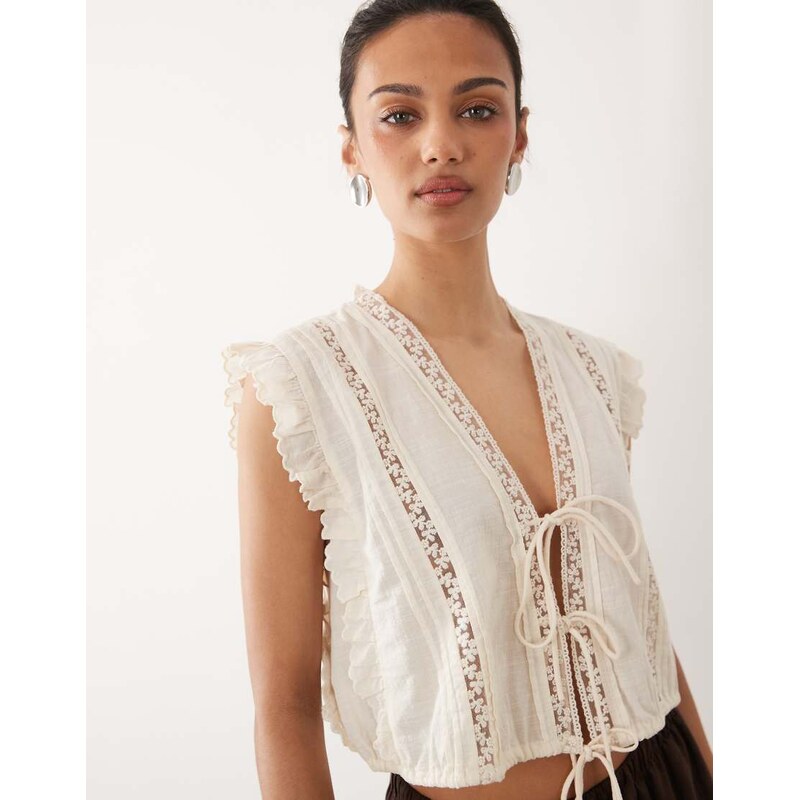 Mango cotton mix tie front frill detail blouse in cream-Neutral 115614813