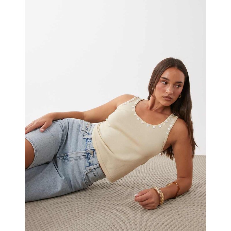 Mango racer vest top with button detail in beige-Neutral
