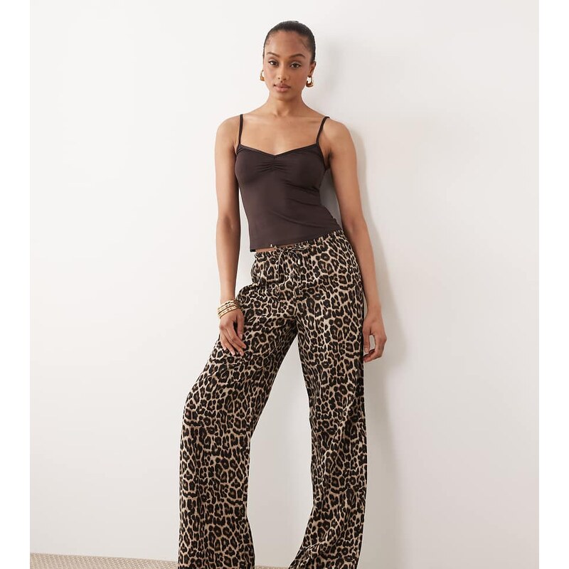 ONLY Tall tie detail pull on trousers in animal print-Brown 115614617