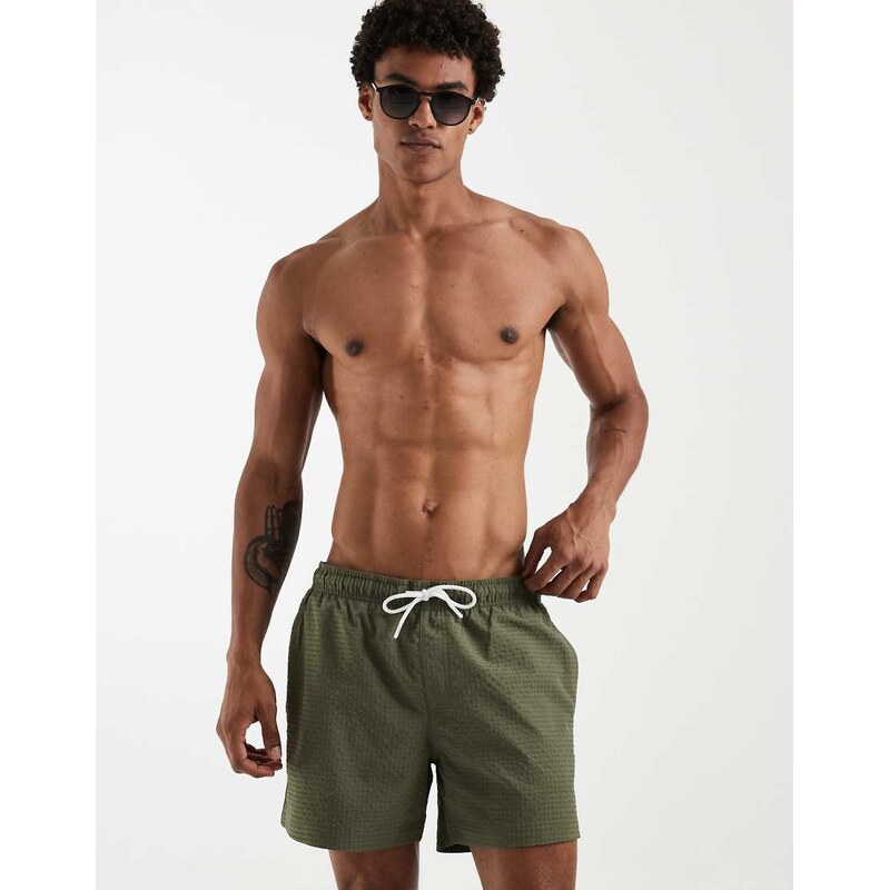 Jack & Jones seersucker swim shorts in khaki-Green