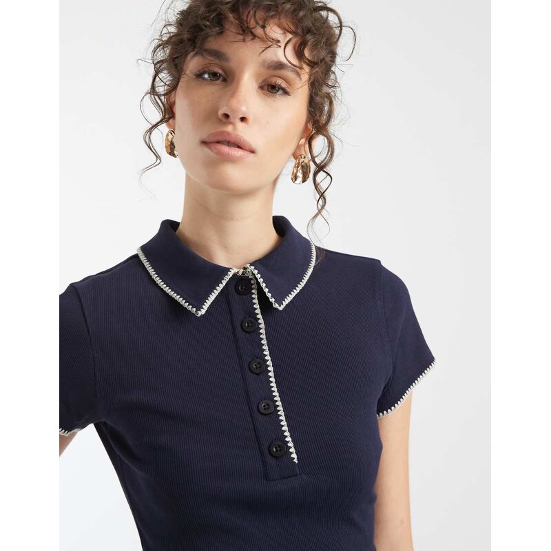 ASOS DESIGN shrunken polo with blanket stitch detail in navy