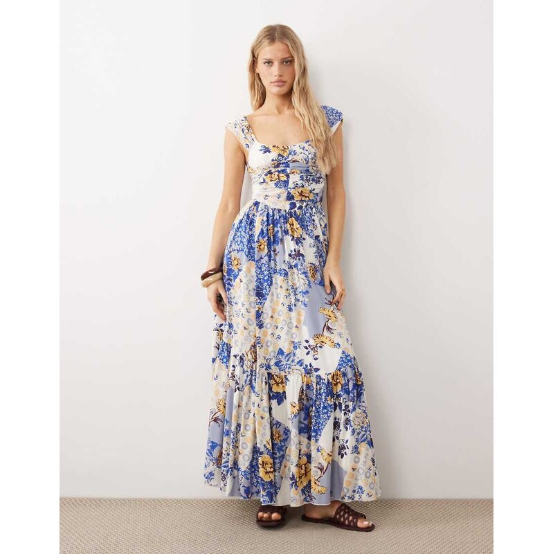 Free People corset style drop waist maxi dress in blue white