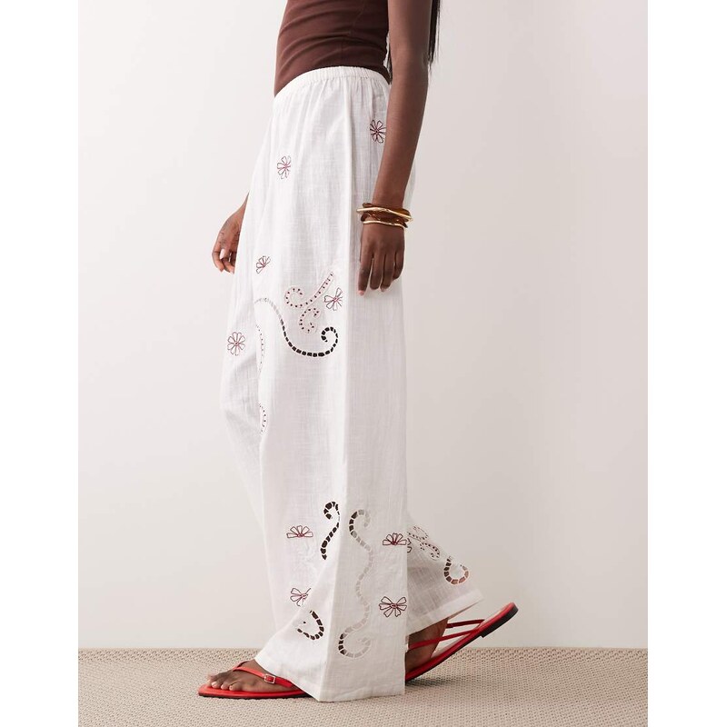 ASOS DESIGN Nienna Beach embroidered trouser in white