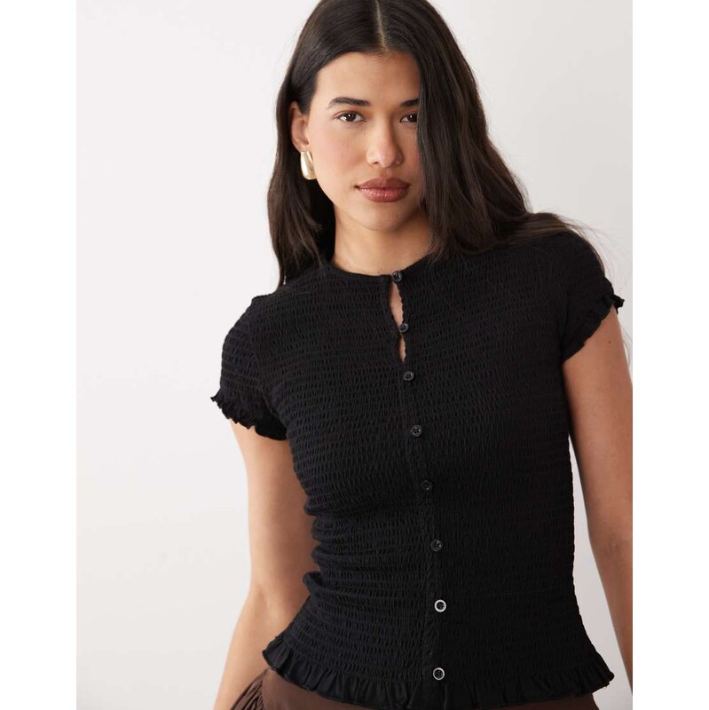 ASOS DESIGN cotton shirred button down short sleeve top in black