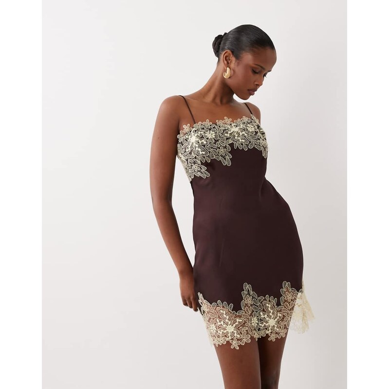 ASOS DESIGN satin bias lace applique mini dress in chocolate and