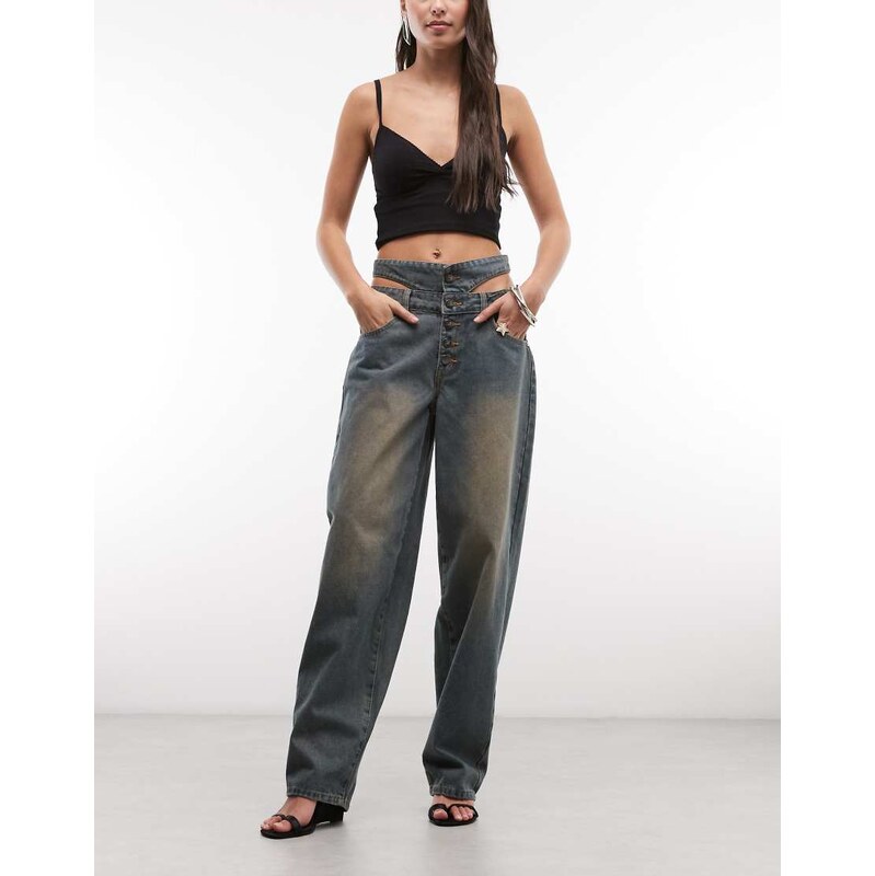 Liquor N Poker straight leg cut-out high waist jeans in dirty