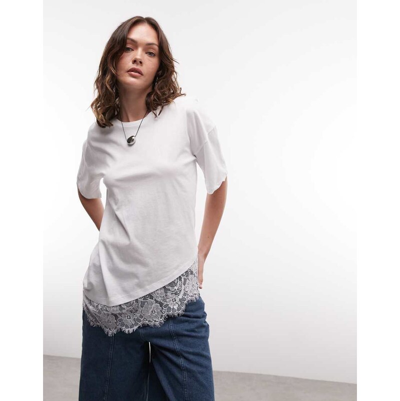 Noisy May oversized asymetric t-shirt with lace hem in white 115614730
