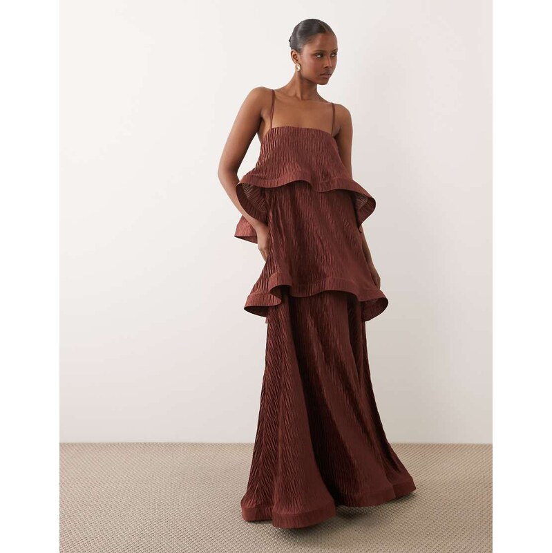 ASOS DESIGN zigzag plisse tiered trapeze maxi dress in chocolate-Brown 115614747