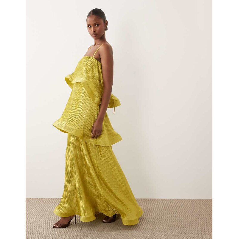 ASOS DESIGN zigzag plisse tiered trapeze maxi dress in lime-Green 115614748