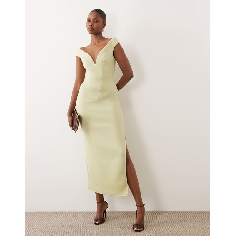 ASOS DESIGN v plunge bardot midi in sage green scuba-style
