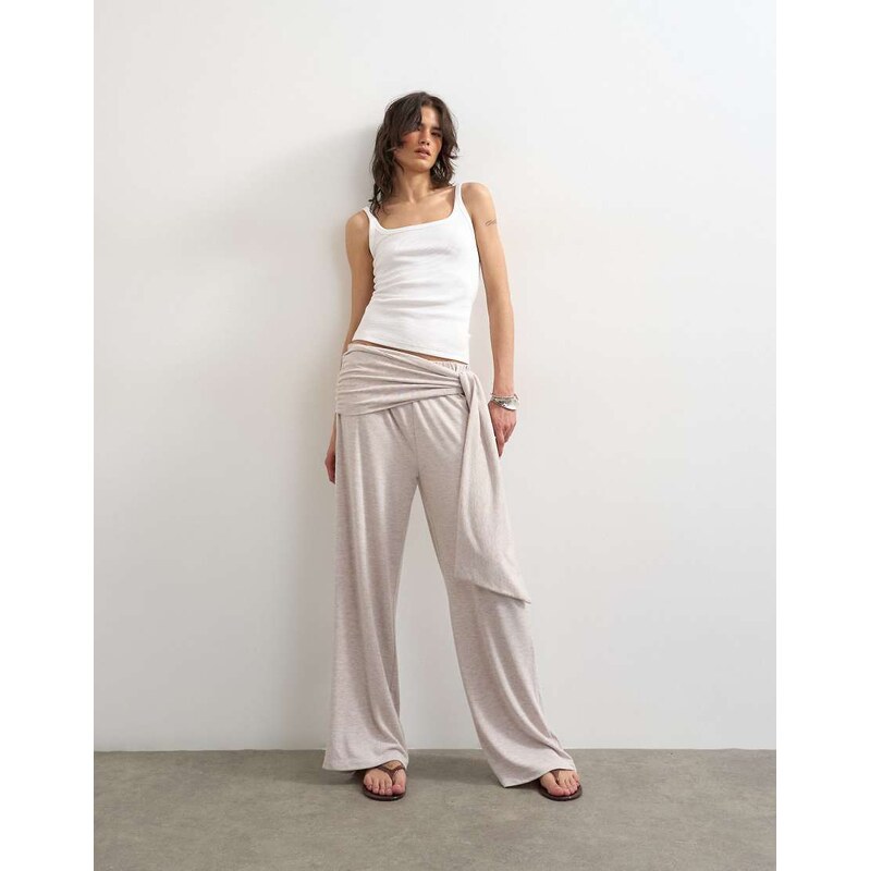 Topshop scarf tie detail soft trousers in oat-Neutral 115614781