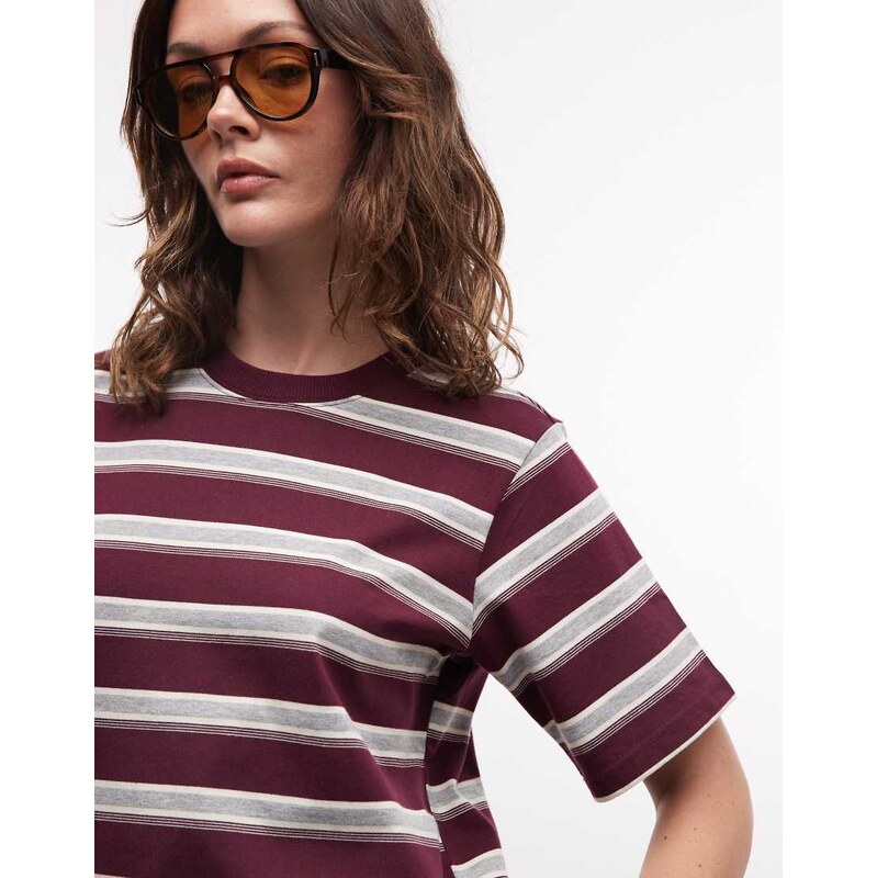 Noisy May oversized boxy fit t-shirt in burgundy and cream stripe-Red 115614786