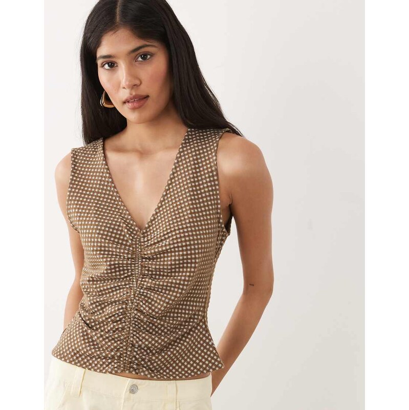 Mango cotton rich gingham ruched detail sleeveless top in brown 115614814
