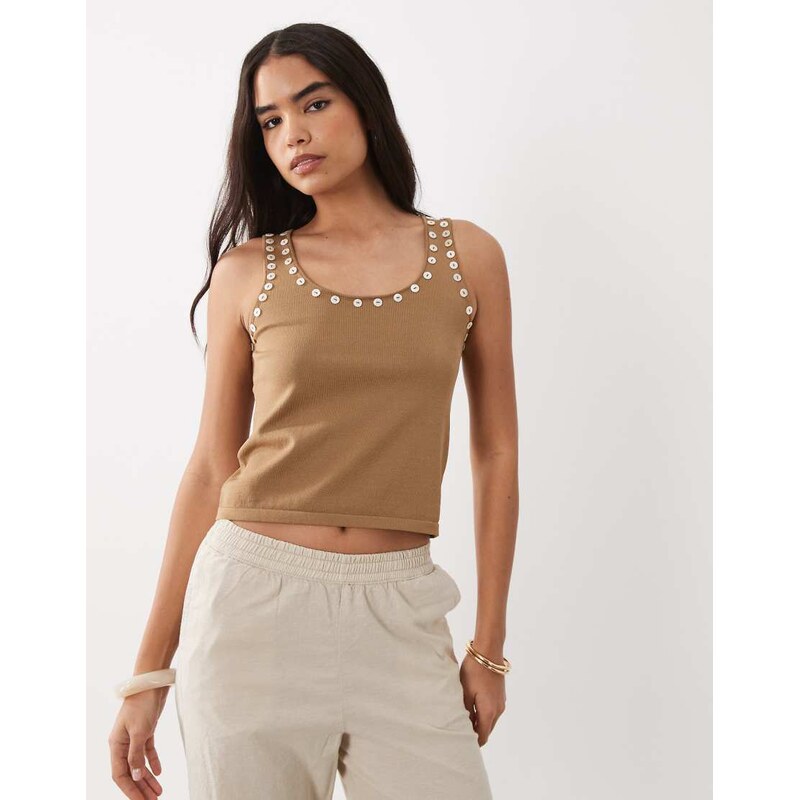 Mango racer vest top with button detail in brown