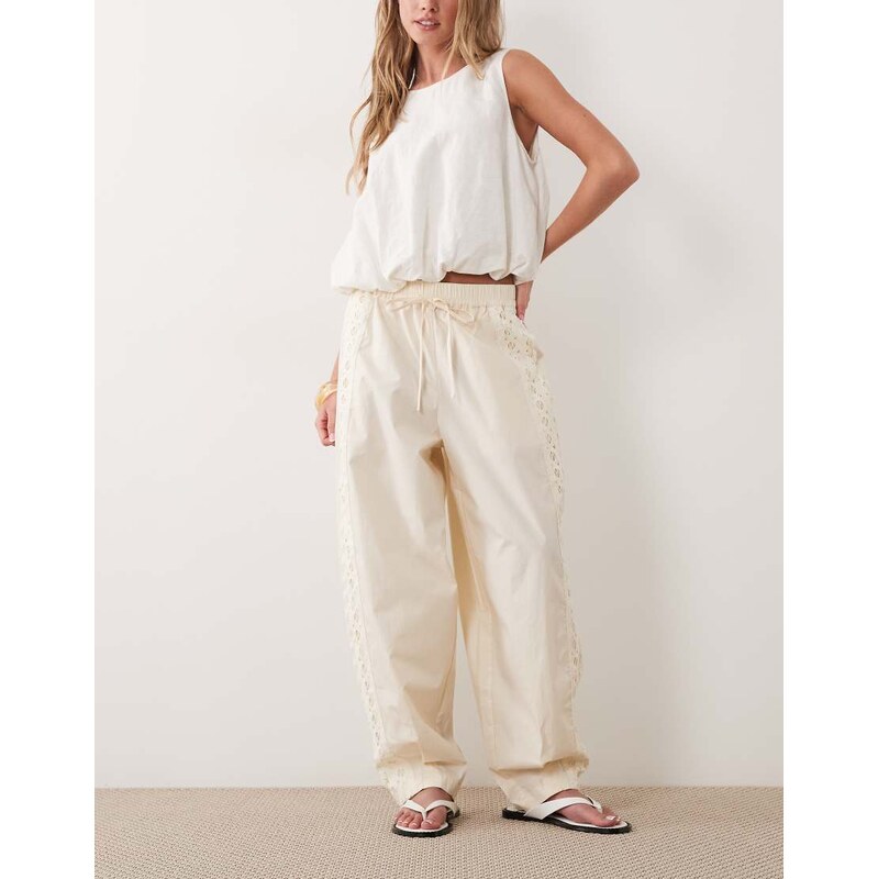 Mango tie waist barrel leg trouser with embroidery detail in cream 115614825