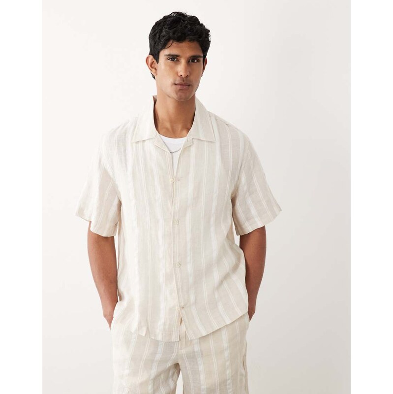 Mango linen blend short sleeve striped shirt in ecru-Neutral