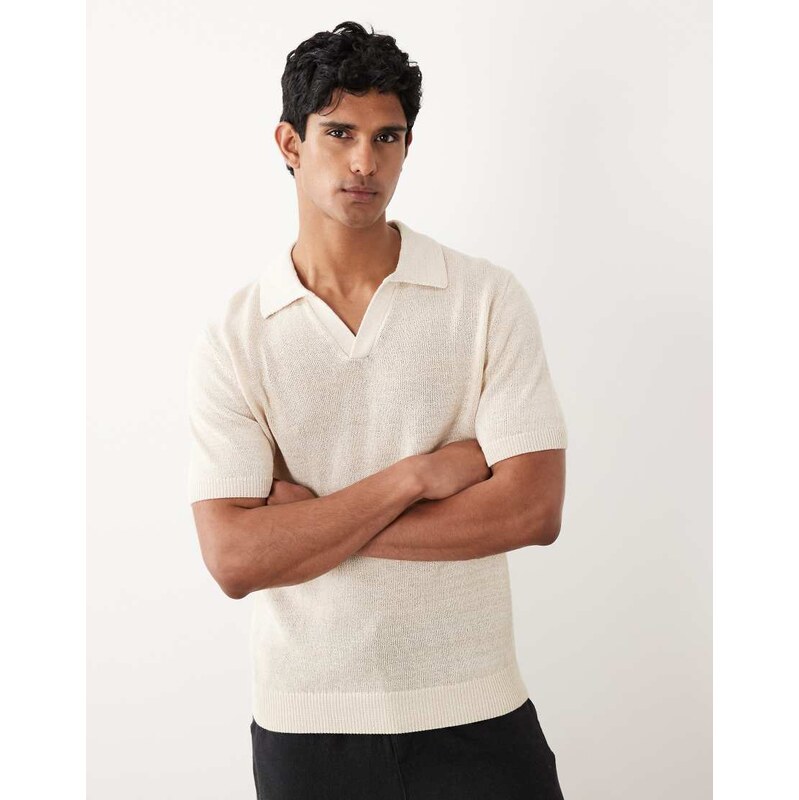 Mango cotton mix knitted short sleeve revere neck poloshirt in