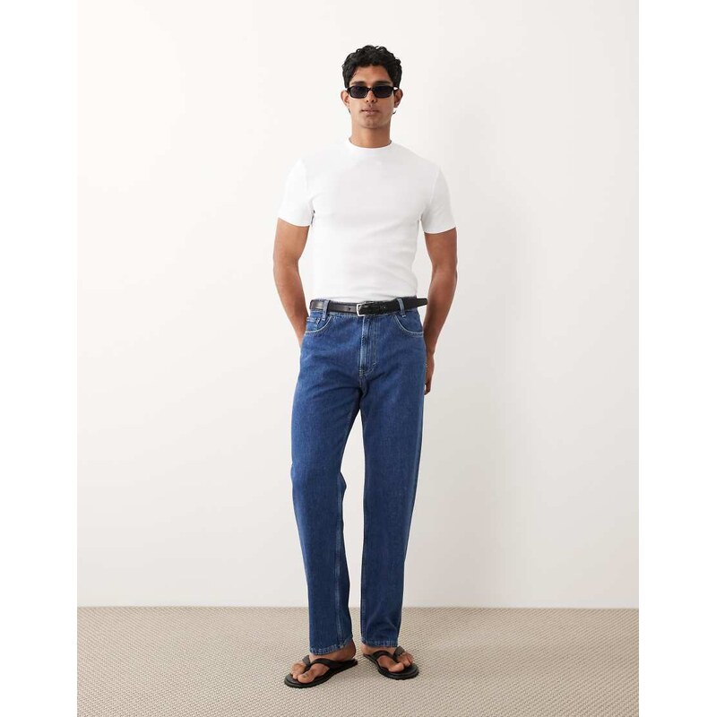 Mango 100% cotton straight leg jeans in mid blue