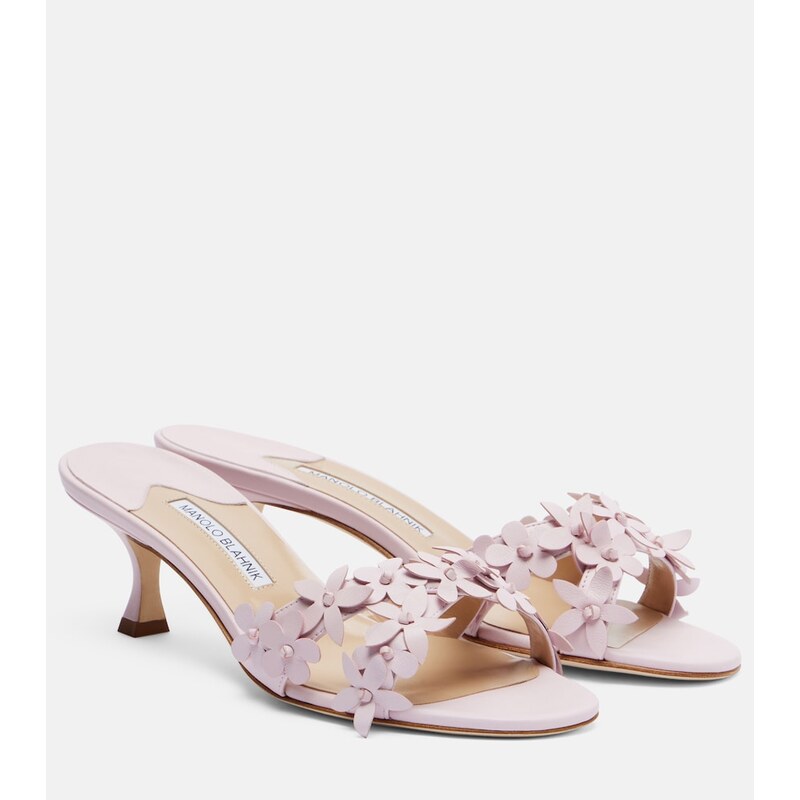 Manolo Blahnik Anista floral-appliquÃ leather mules