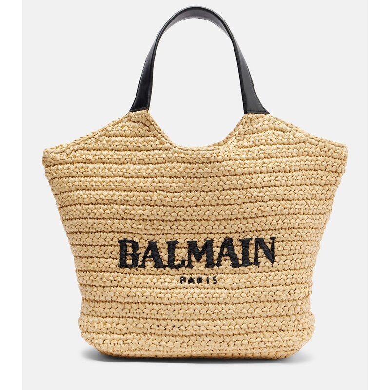 Balmain Logo raffia-effect top-handle bag v přirozeném odstíně