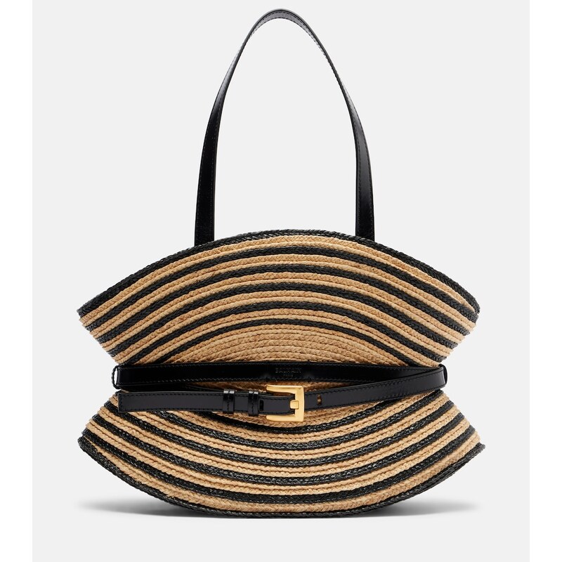 Balmain Raffia-effect striped shoulder bag v barvě Gte Naturel/Black