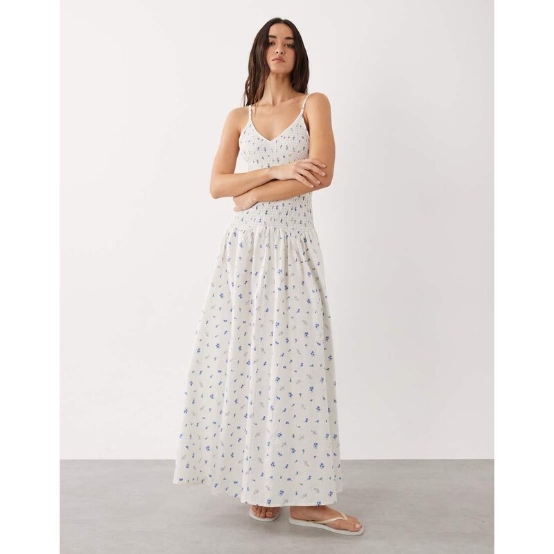 Esmee shirred drop waist maxi beach dress in blue ditsy floral