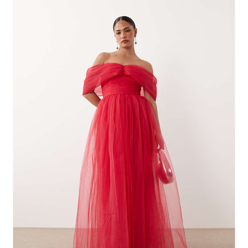 Lace & Beads Petite off shoulder tulle maxi dress in raspberry