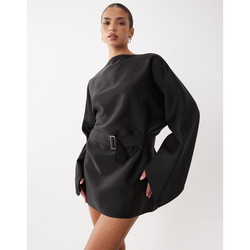 Lioness Touch satin slash neck flared sleeve belted mini dress