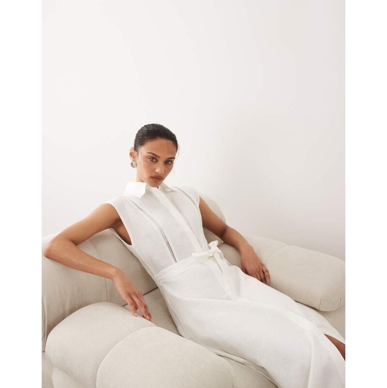 Mango 100% linen sleeveless midi dress in white-Neutral